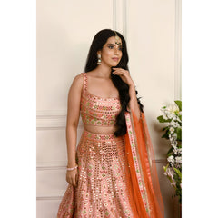 Peach Orange Ombre Mirrorwork Lehenga Set