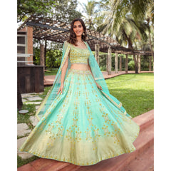 Mint Turquoise Shimmer Mirrorwork Lehenga Set