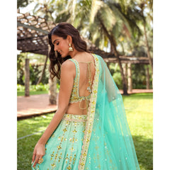 Mint Turquoise Shimmer Mirrorwork Lehenga Set