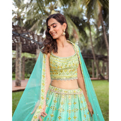 Mint Turquoise Shimmer Mirrorwork Lehenga Set