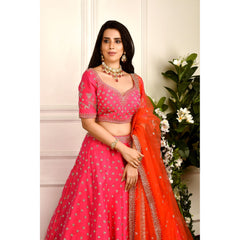 Hot Pink And Vermillion Zardozi Lehenga Set