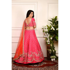 Hot Pink And Vermillion Zardozi Lehenga Set