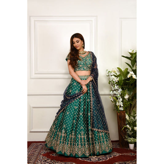 Sea Green And Navy Zardozi Lehenga Set