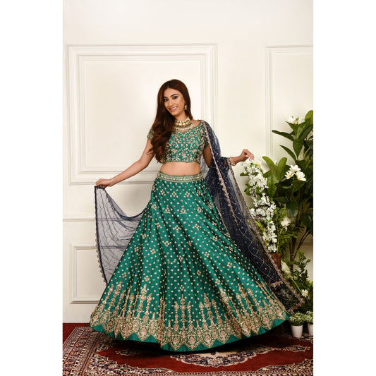 Sea Green And Navy Zardozi Lehenga Set