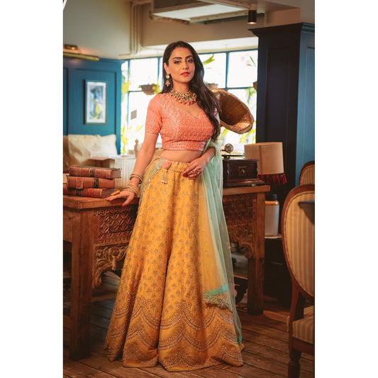 Coral Yellow Aqua Scallop Lehenga Set