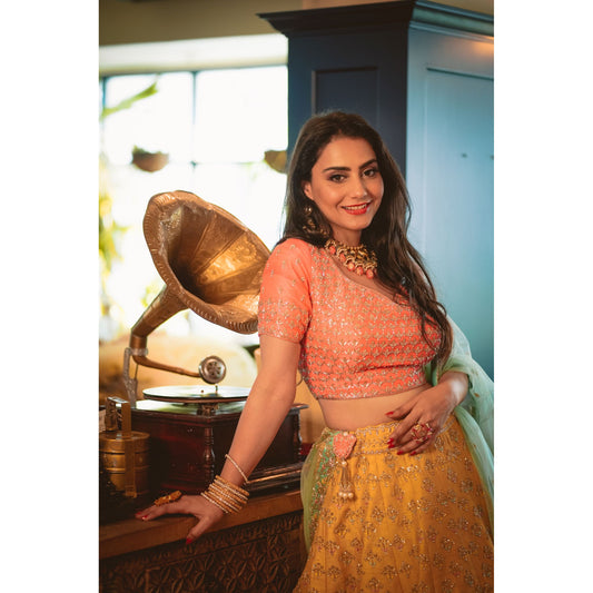 Coral Yellow Aqua Scallop Lehenga Set