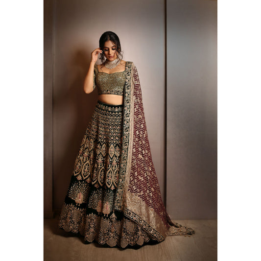 Forest Green Velvet Persian Lehenga Set
