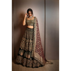 Forest Green Velvet Persian Lehenga Set