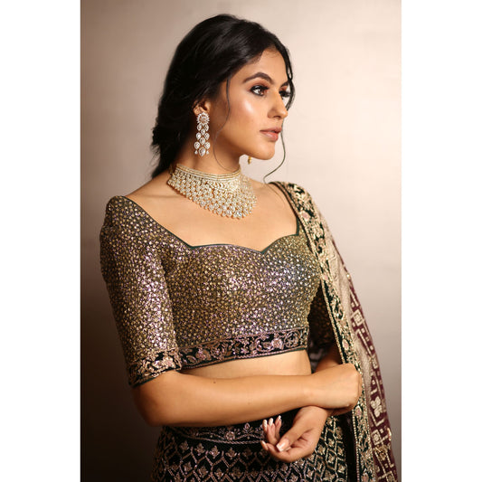 Forest Green Velvet Persian Lehenga Set