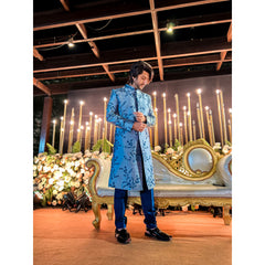 Kunal Jaisingh - Teal And Navy Blue Embroidered Sherwani