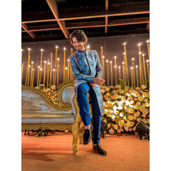 Kunal Jaisingh - Teal And Navy Blue Embroidered Sherwani