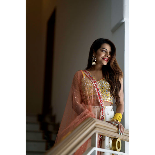 Tanvi Thakker - Off-White And Yellow Mirror Lehenga Set