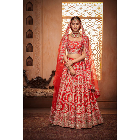 Deep Red Honeycomb Lehenga Set