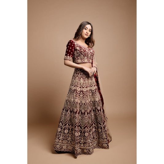 Maroon Velvet Archaic Lehenga Set