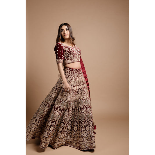 Maroon Velvet Archaic Lehenga Set