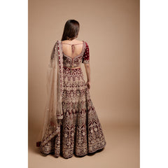 Maroon Velvet Archaic Lehenga Set