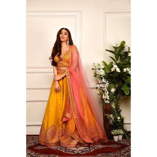 Mustard Yellow Mirrorwork Lehenga Set