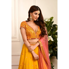 Mustard Yellow Mirrorwork Lehenga Set