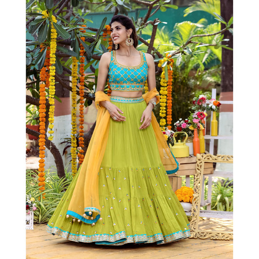 Turquoise And Green Mirrorwork Lehenga Set