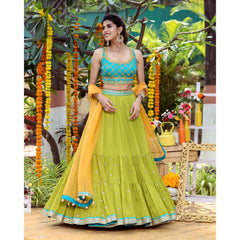 Turquoise And Green Mirrorwork Lehenga Set