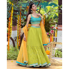 Turquoise And Green Mirrorwork Lehenga Set