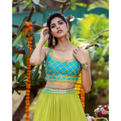 Turquoise And Green Mirrorwork Lehenga Set