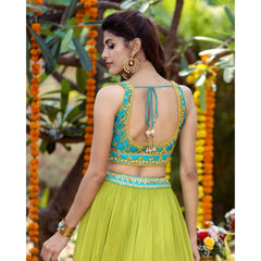 Turquoise And Green Mirrorwork Lehenga Set