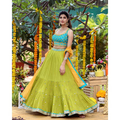 Turquoise And Green Mirrorwork Lehenga Set