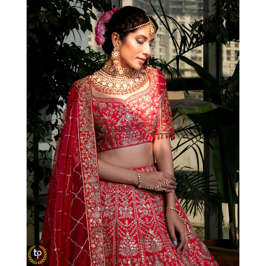 Cerise Pink And Red Abstract Nature Lehenga Set