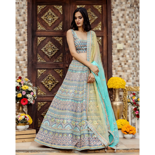 Grey Multicolor Resham Lehenga Set