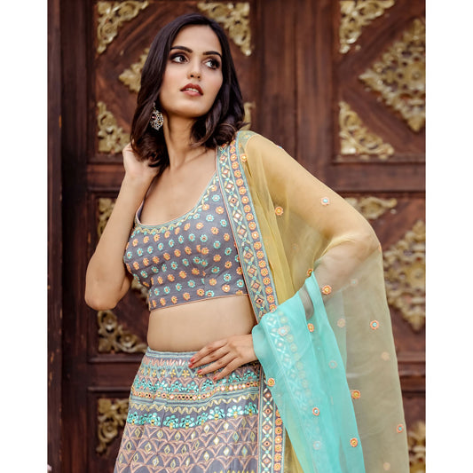 Grey Multicolor Resham Lehenga Set