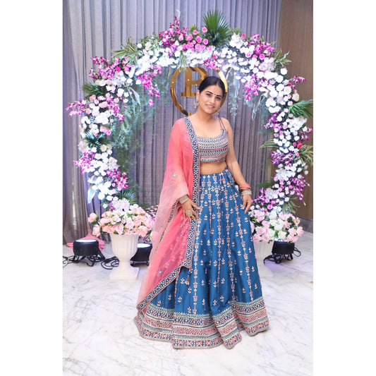 Bhumika Gurung - Teal Blue Mirrorwork Lehenga Set