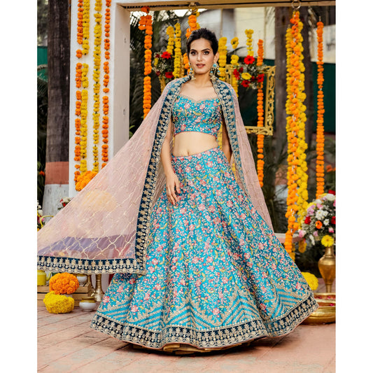 Deep Cyan Floral Bridal Lehenga Set