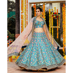 Deep Cyan Floral Bridal Lehenga Set
