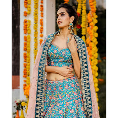 Deep Cyan Floral Bridal Lehenga Set
