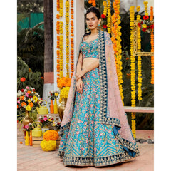 Deep Cyan Floral Bridal Lehenga Set