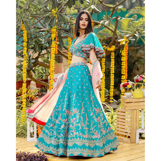 Teal Green Flared Lehenga Set