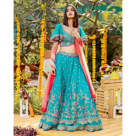 Teal Green Flared Lehenga Set