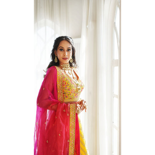Minal - Aureolin Yellow Chevron Lehenga Set