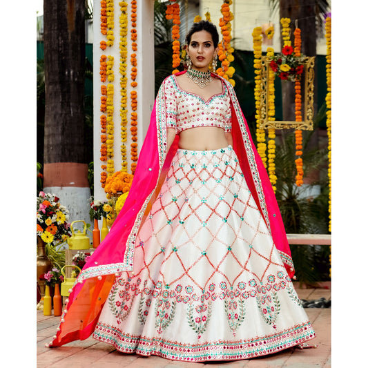 Ivory And Pink Mirrorwork Lehenga Set