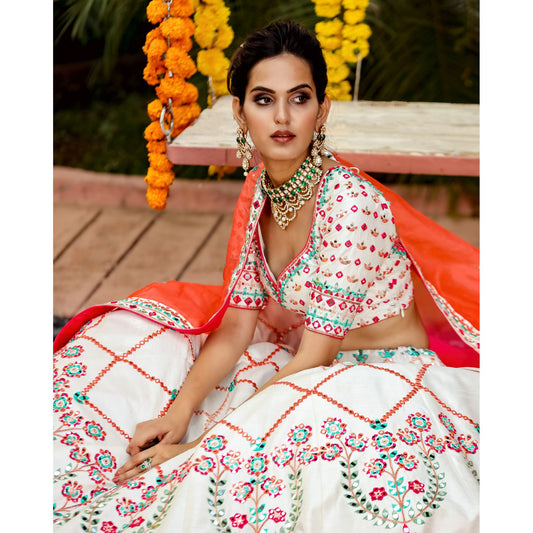 Ivory And Pink Mirrorwork Lehenga Set