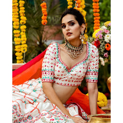 Ivory And Pink Mirrorwork Lehenga Set