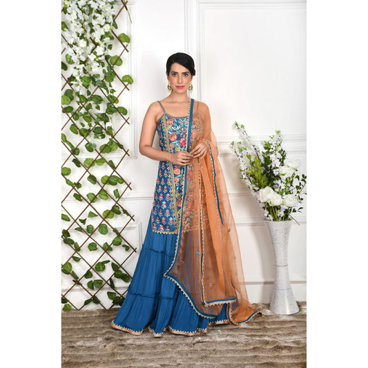 Royal Blue Floral Tiered Sharara Set