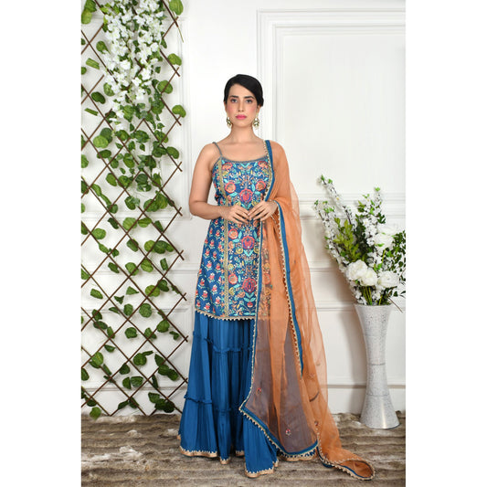 Royal Blue Floral Tiered Sharara Set