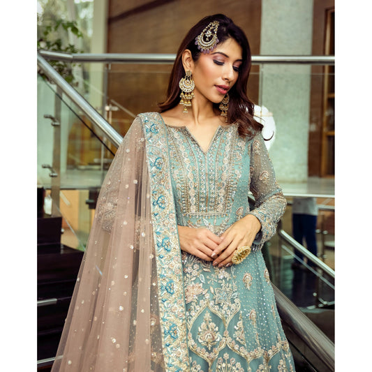 Sky Blue Persian Anarkali Lehenga
