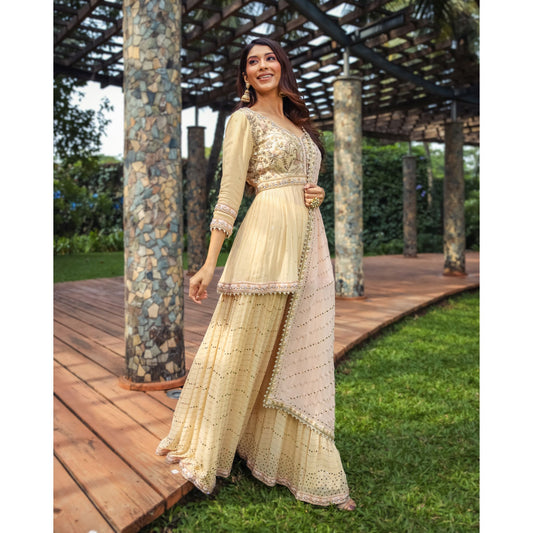 Simran Kaur - Fawn Peach Mukaish Sharara Set