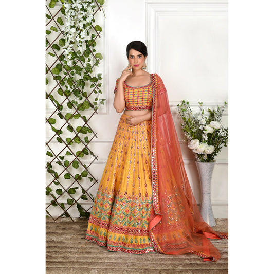 Mustard And Pink Mirrorwork Lehenga Set