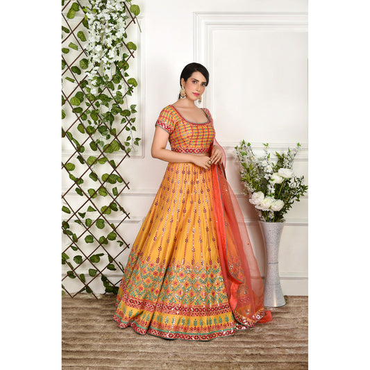 Mustard And Pink Mirrorwork Lehenga Set