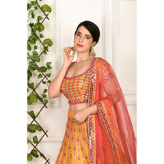 Mustard And Pink Mirrorwork Lehenga Set