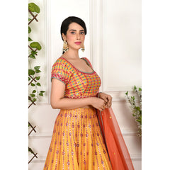 Mustard And Pink Mirrorwork Lehenga Set